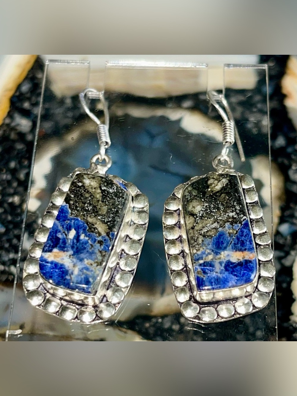 Navy Sodalite with Pyrite Earrings 2” - Picture 9 of 15